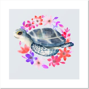 Watercolor Cute Floral Sea Turtle . Posters and Art